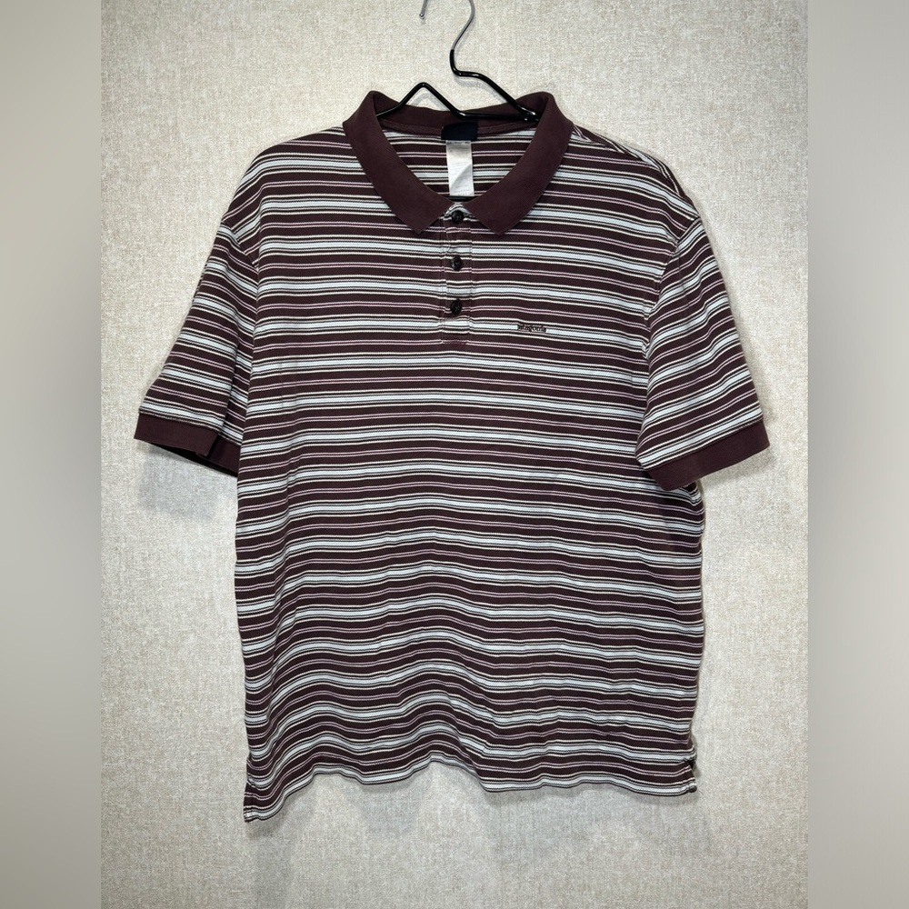Patagonia Organic Cotton Polo Shirt Chocolate Brown Striped Golf Size L